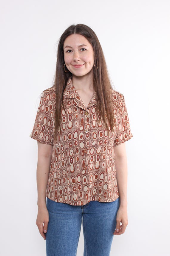 90s retro abstract blouse, vintage revere collar artsy summer blouse, Size M