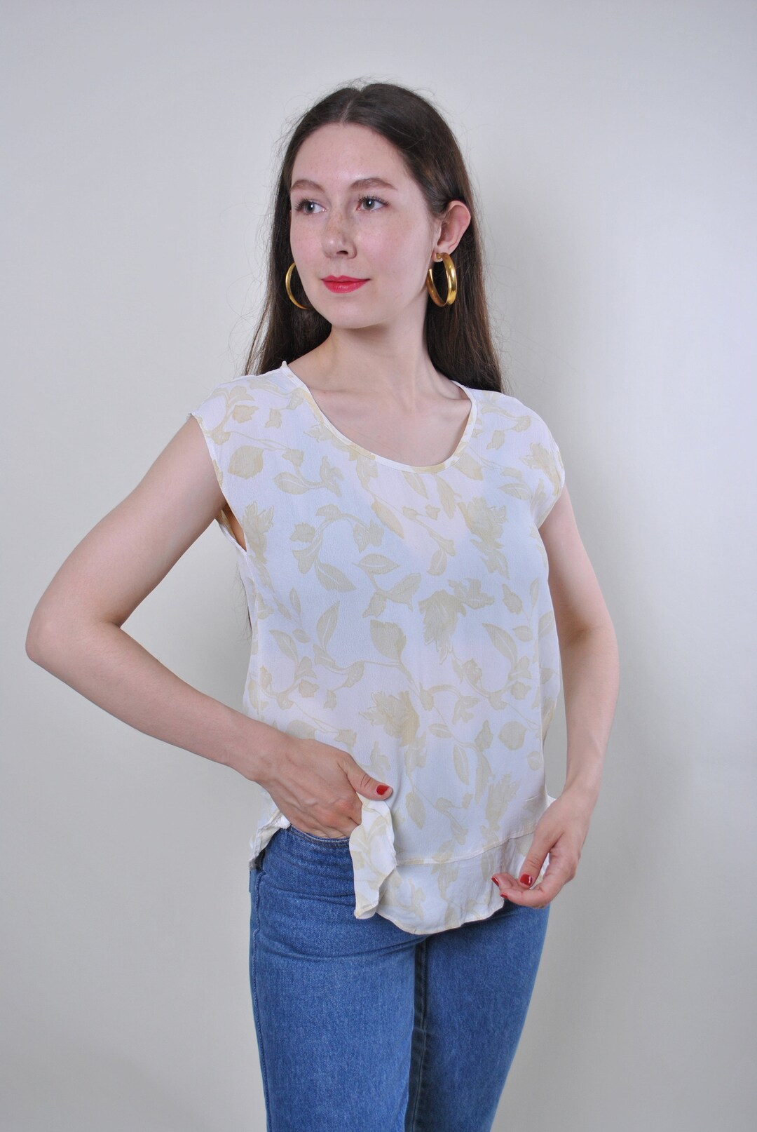 90s Floral Ruffle Blouse: Vintage Sheer Tank, Size S - Etsy