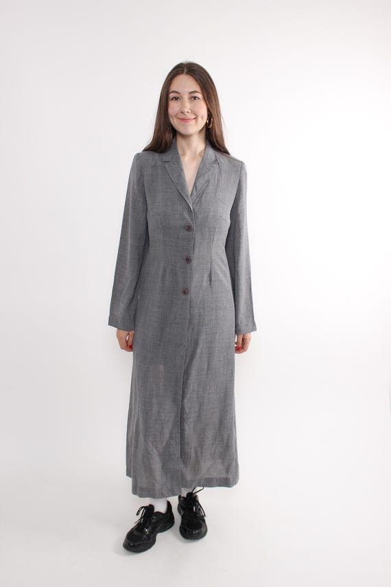 90s Grey Sheer Maxi Dress Cloak: Minimalist Layering Duster Coat (Size S)