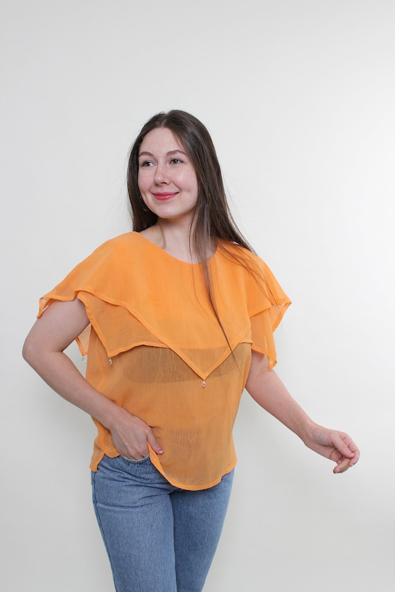 Vintage 90s Sheer Orange Blouse: Retro Pullover, Size M