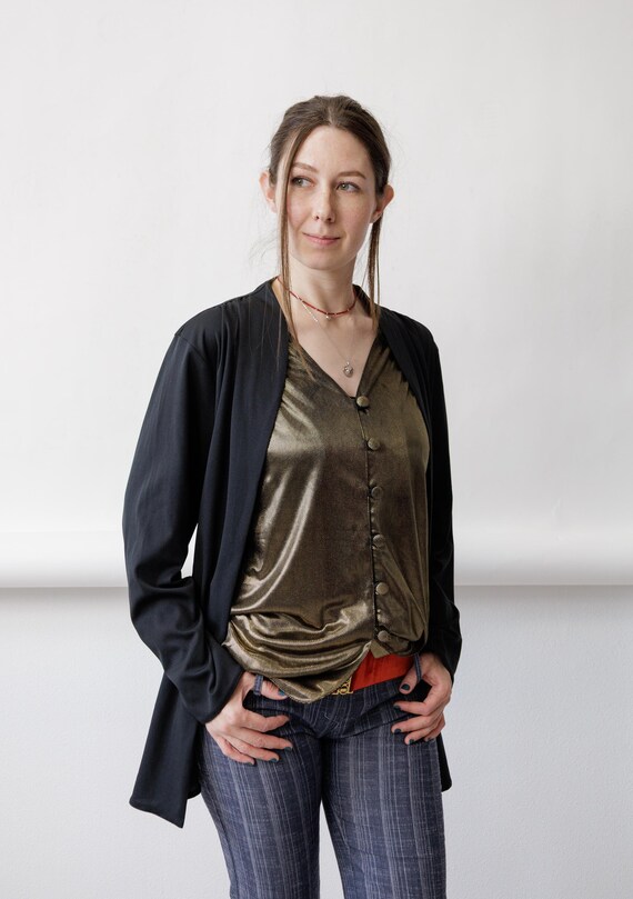 Y2k Gold Metallic Blouse Black Cardigan Set Y2K Evening Two Piece Lamé Top Large