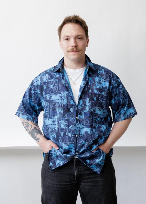 90s Blue Folk Art Print Shirt Vintage Abstract Camp Collar Short Sleeve Size XL