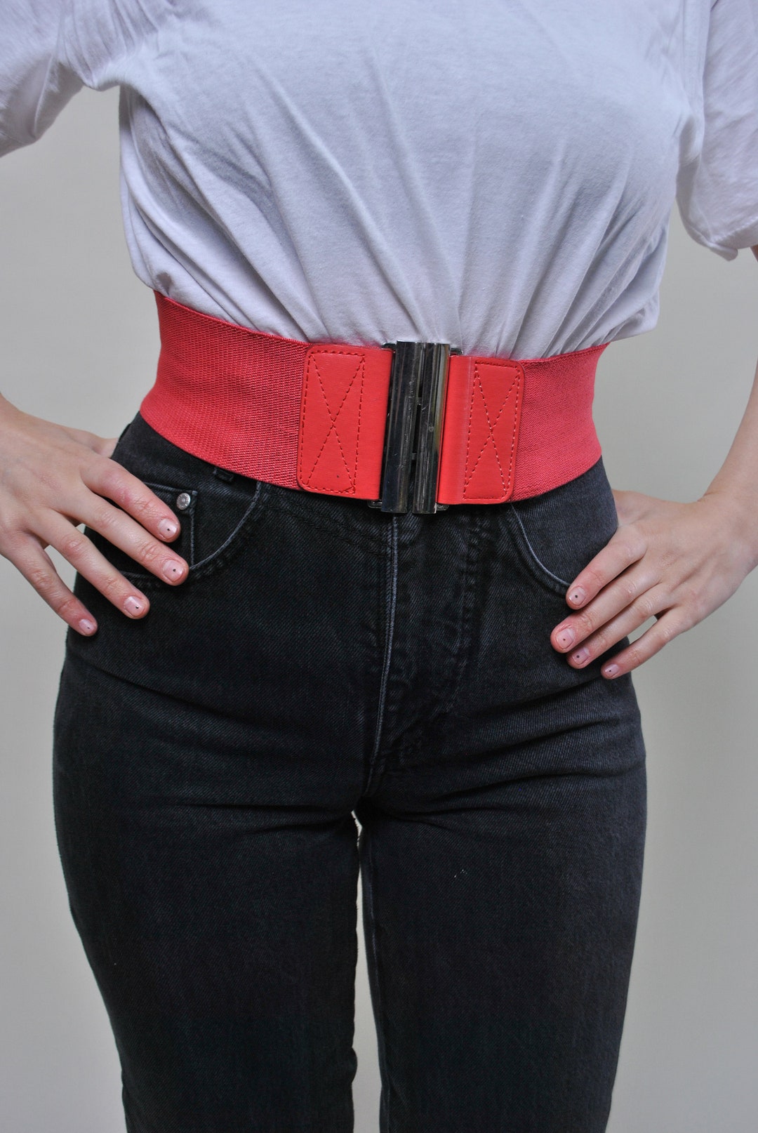 2265 3 Inch Wide Waspie Elastic Vintage Buckle Waist Belt (red JASGOOD Women Retro Wide Elastic Belt Stretchy Waist Belt  main image 4