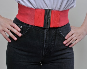 90s wide stretchy belt, vintage elastic belt in bright red color