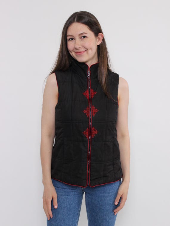 Vintage 90s Black Quilted Vest, Red Tribal Embroidery Piping Gilet Size M