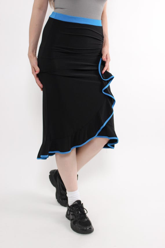 Vintage ruffle midi skirt, 90s wavy stretchy skirt in black, Size M