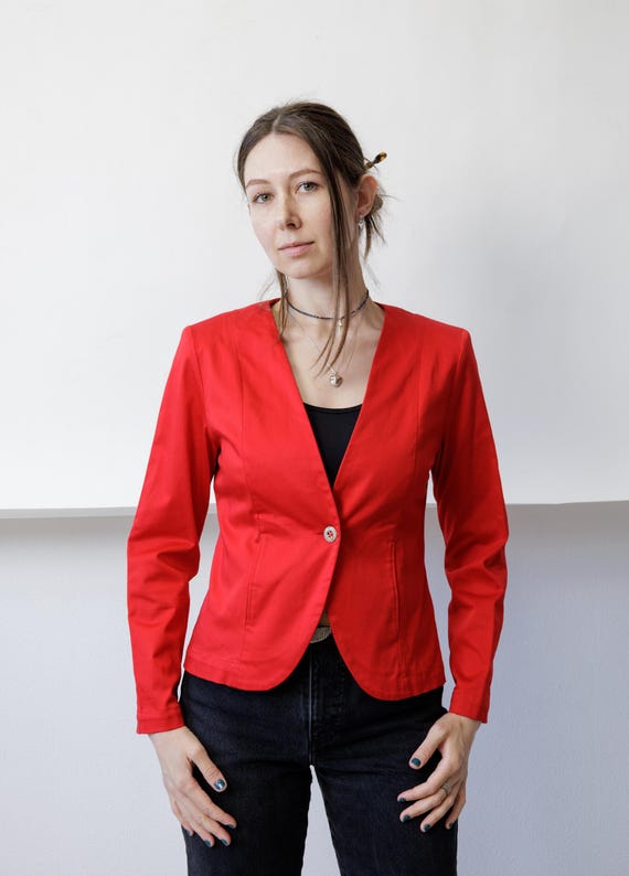 90s Red Collarless Blazer Vintage Fitted Single Button V Neck Cropped Cotton Jacket S