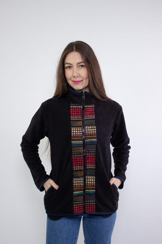 Vintage 90s Black Fleece Jacket, Colorful Woven Ethnic Trim, Boho Folk Style, Size M