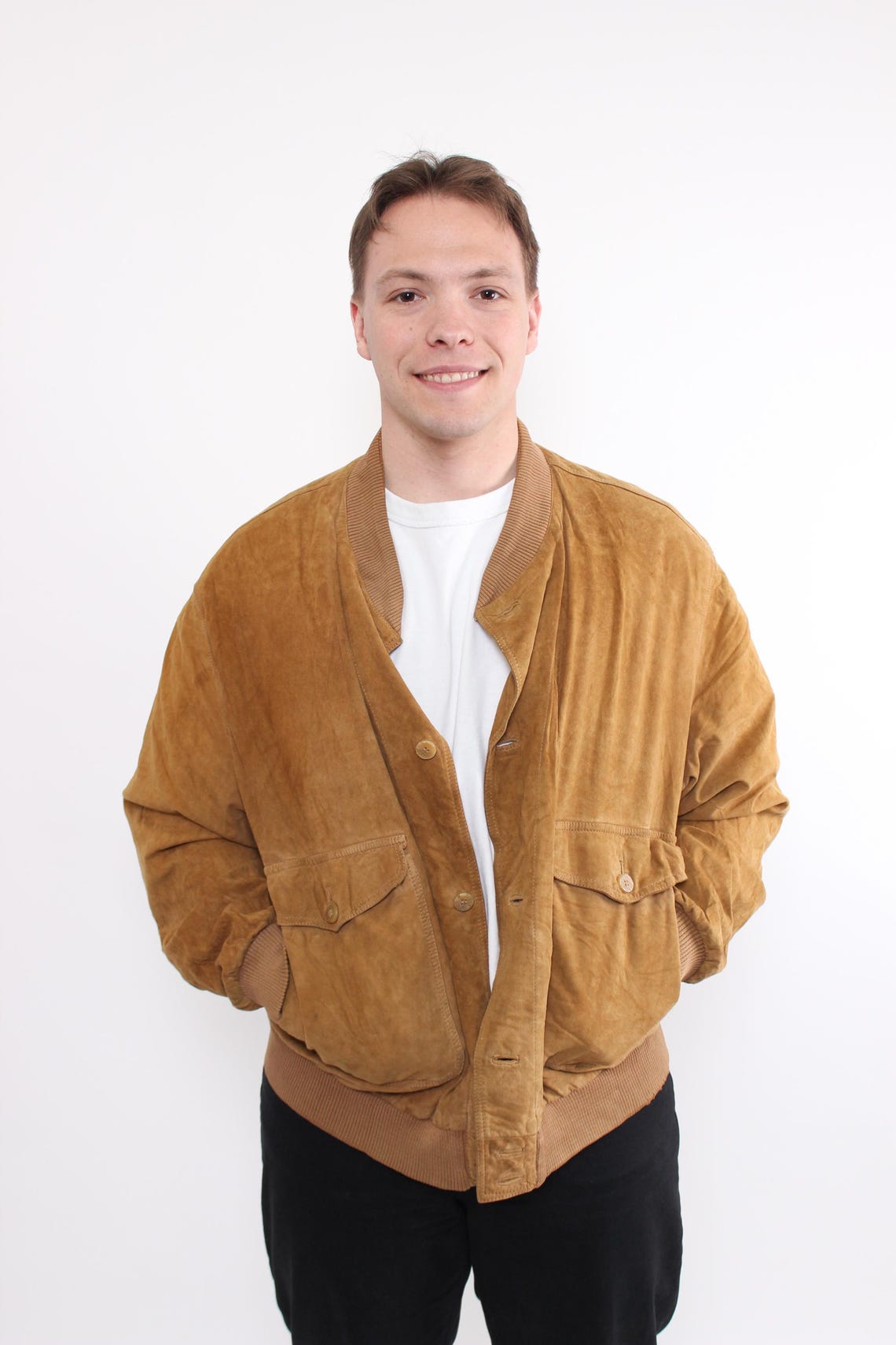 Vintage 80s Suede Leather Bomber Jacket L Brown Aviator Jacket Retro, foto 1 di 5