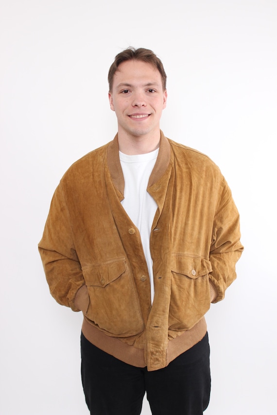 Vintage 80s Suede Leather Bomber Jacket L Brown Aviator Jacket Retro