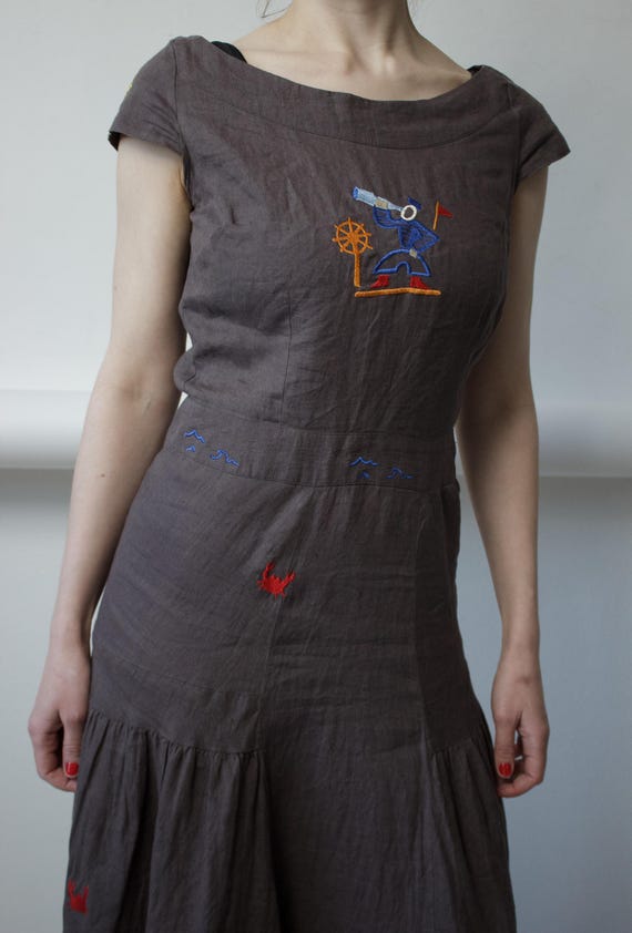 Cruise Vacation Embroidered Reworked Dress Linen Sailor Art Midi Size S