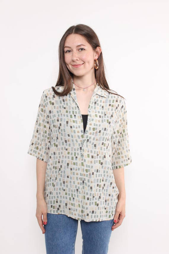 90s Geometric Tile Print Blouse Vintage Sage Tan Mosaic Button Up Shirt Size M
