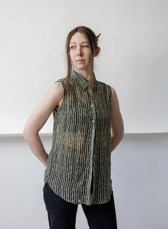 90s Olive Abstract Dash Print Vest Vintage Sheer Collared Button Up Tunic Blouse M