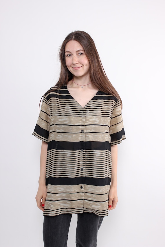 Beige Black Stripe Button Up Tunic Oversized Coastal Grandma Old Money Size L