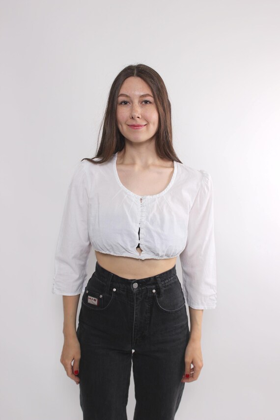 Vintage White Cotton Crop Top, Dirndl Cottagecore Button Blouse, Size l