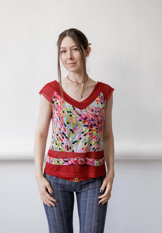 Y2K Multicolor Confetti Print Top Mesh Trim Faux Belt V Neck Sleeveless Size M
