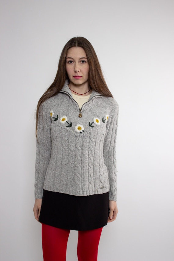 90s Wool Floral Sweater, Vintage Grey Cottagecore Quarter Zip Pullover, Size M