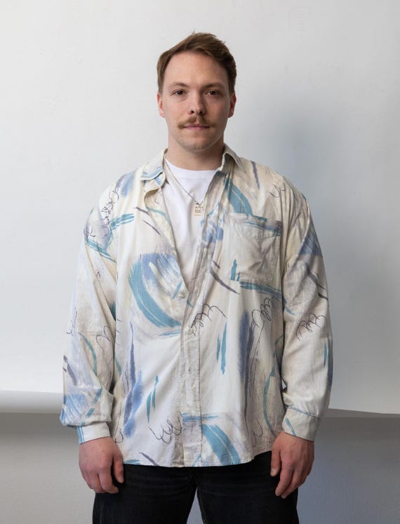 Blue Cream Abstract Shirt 90s Brushstroke Print Viscose Button Up Vintage L