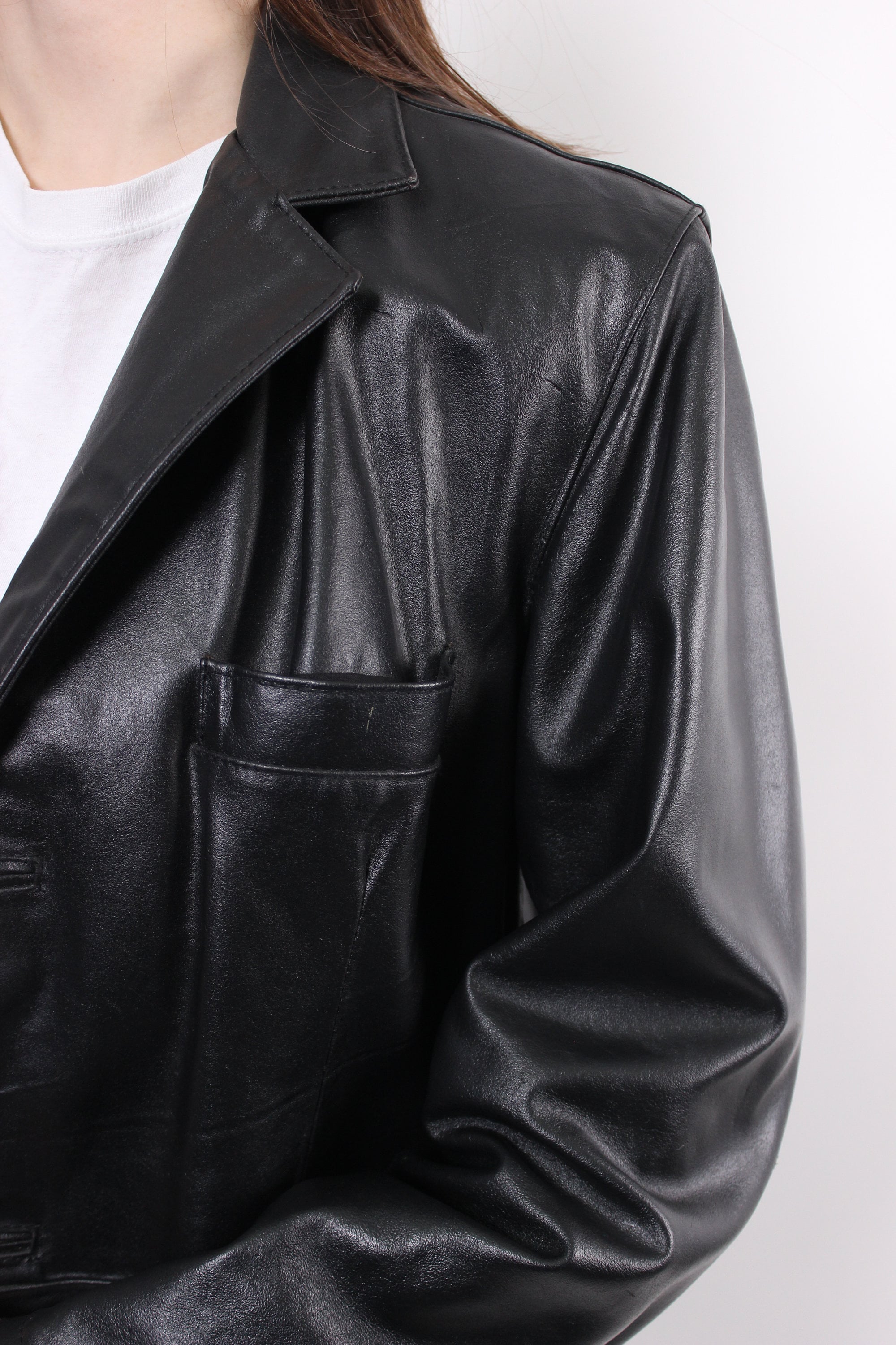 Vintage Black Leather Coat, 90s Minimalist Long Leather Jacket