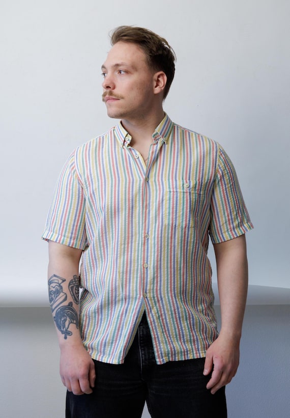 Seersucker Shirt Multicolor Stripe 90s Short Sleeve Cotton Mens Summer S