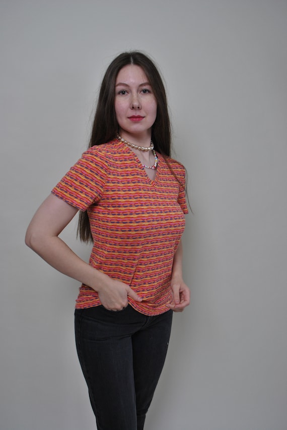 90s Vintage Abstract Tee: Multicolour Cotton V-Neck, Size M