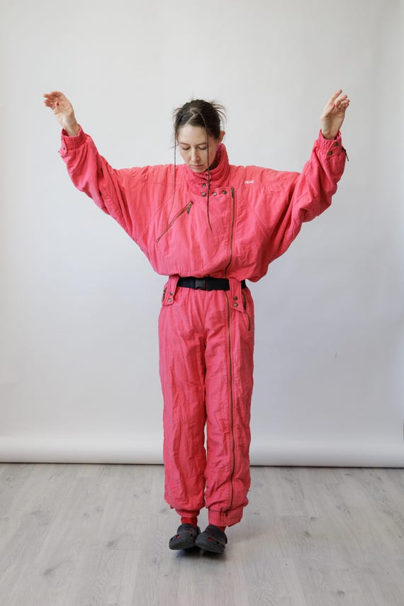 80s HEAD Watermelon Pink Vintage Ski Suit Asymmetric Zip Batwing One Piece Snowsuit Size M