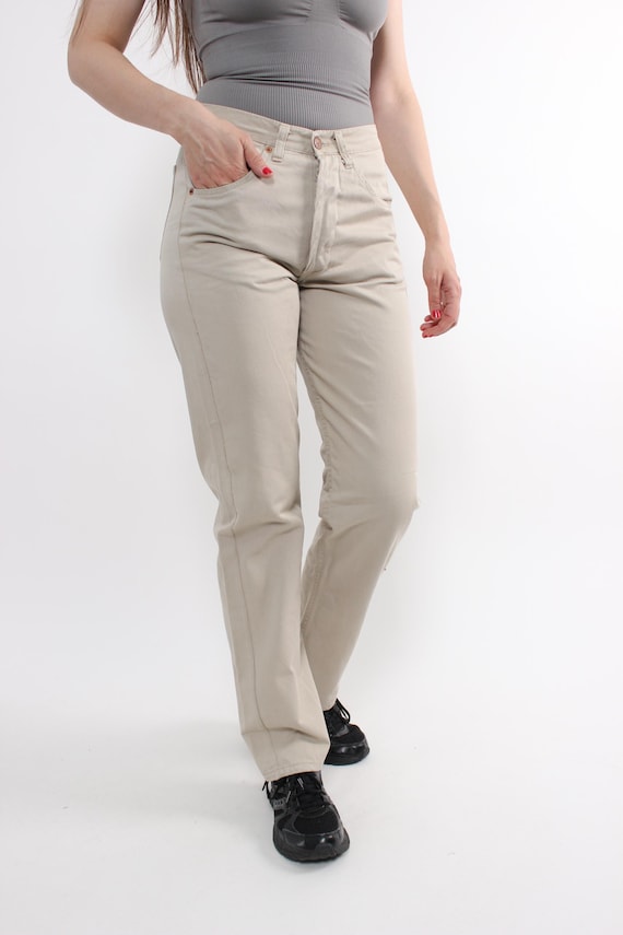 90s Beige Straight Leg Trousers Vintage High Waist Five Pocket Pants Size M