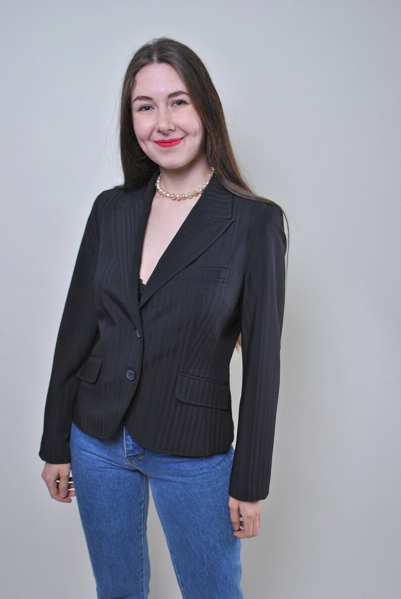 Vintage striped formal suit black blazer Size M retro woman jacket