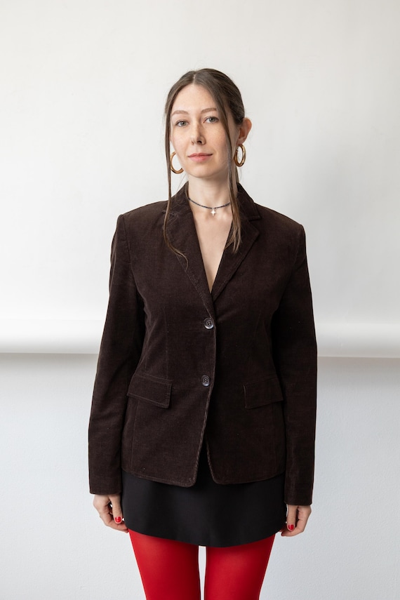 90s Brown Corduroy Blazer Vintage Fitted Notch Lapel Wool Blend Jacket Size M
