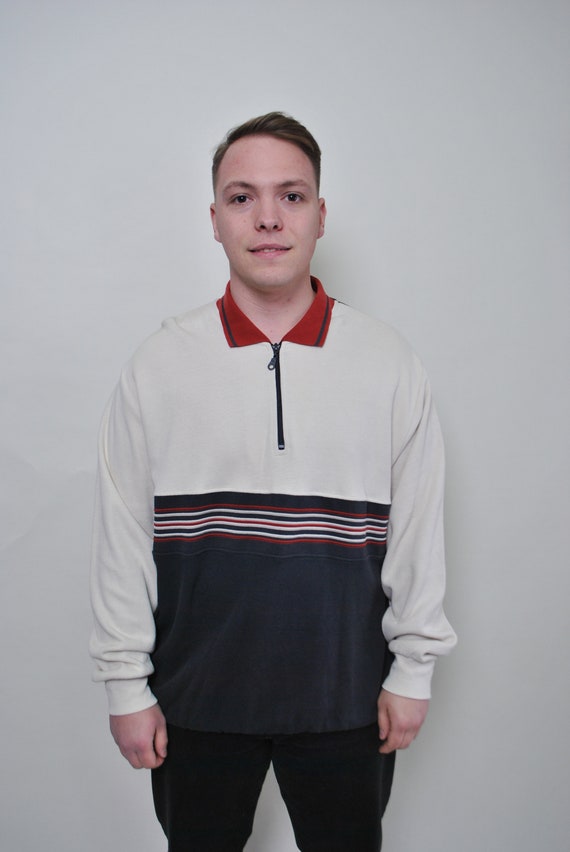 90s zip up collared sweatshirt, vintage striped print minimalist jumper, Size XL
