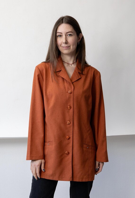 90s Rust Longline Blazer Vintage Notched Lapel Minimalist Button Up Shirt Size L