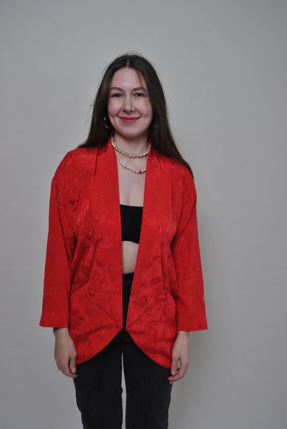 Red Paisley Jacquard Kimono Jacket Vintage 90s Satin Open Front Blazer Layer L