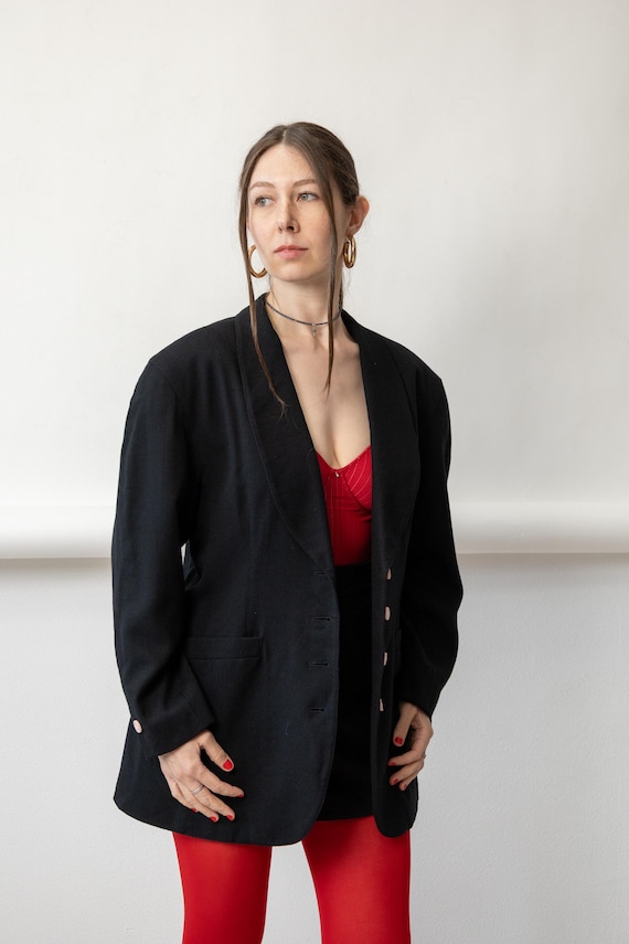 90s Black Oversized Blazer Vintage Wool Shawl Collar Longline Boyfriend Size L