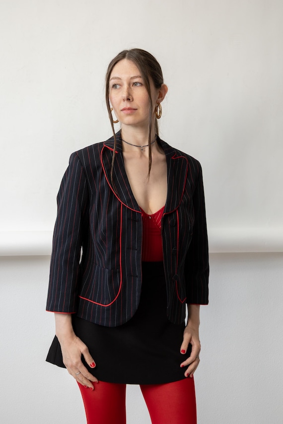 90s Navy Pinstripe Blazer Vintage Red Piping Fitted Scallop Lapel Jacket Size M