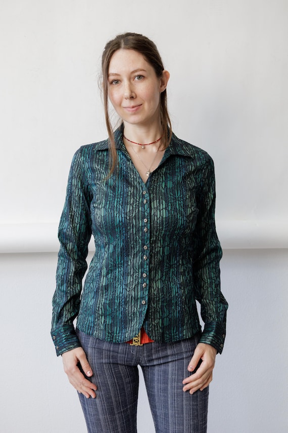 Y2K Emerald Green Blouse Vintage Metallic Sheen Floral Button Fitted Abstract Shirt Size S