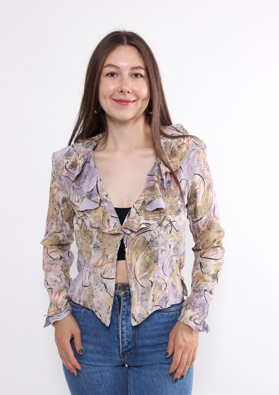 90s Ruffle Front Blouse Vintage Lavender Abstract Snakeskin Print Fitted Size M