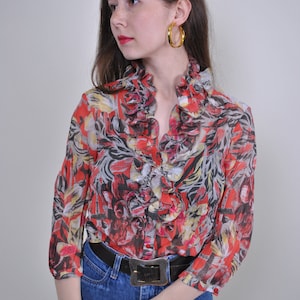 90s multicolor ruffle blouse, vintage flowers print bohemian ruched blouse, Size S