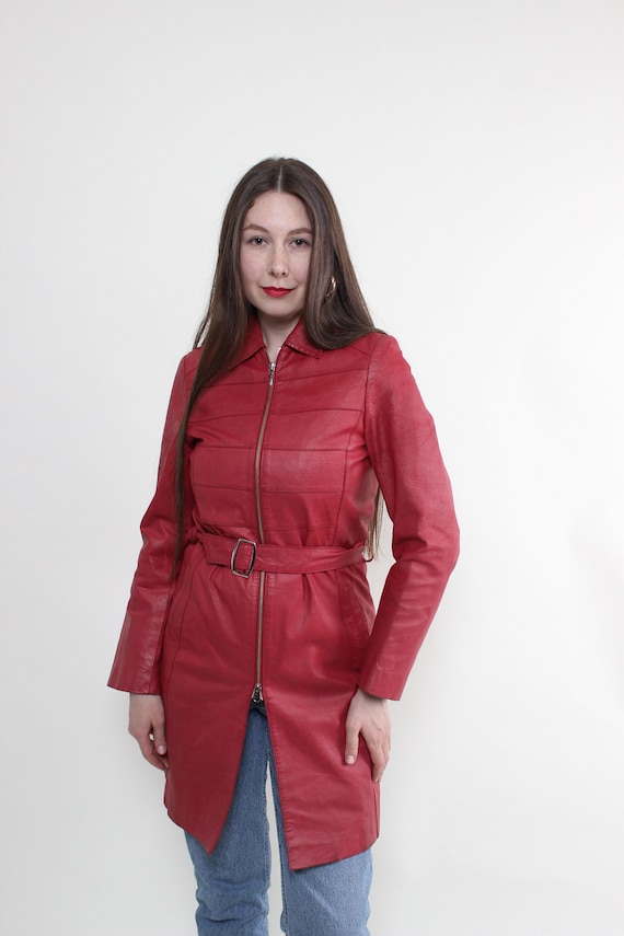 Vintage 90s leather trench coat, red leather over… - image 1