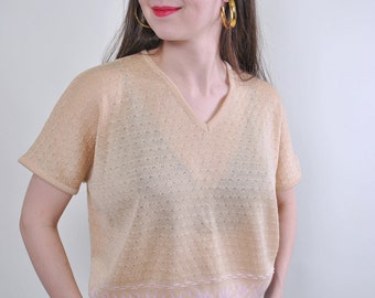 Women vintage beige knit pullover blouse, Size L