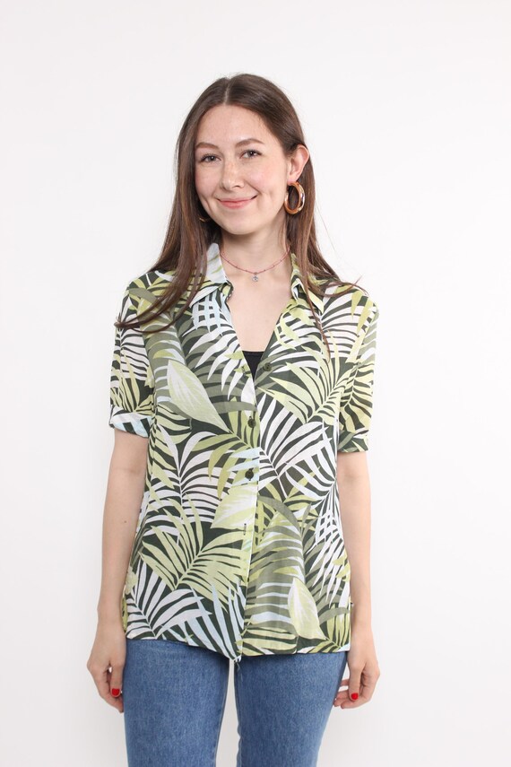 Y2k Green Palm Print Blouse Sheer Tropical Leaf Short Sleeve Button Up Size M