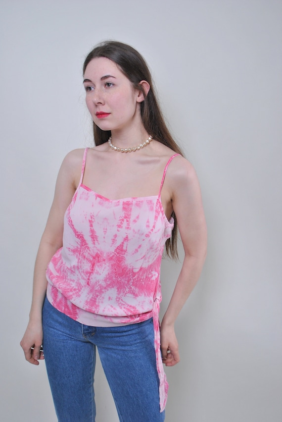 Pink Tie Dye Cami Top Side Tie Y2K Coquette Spaghetti Strap Size M