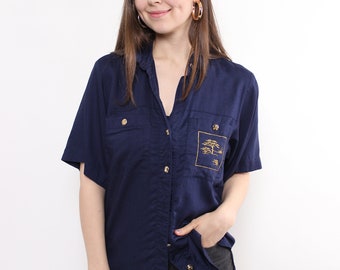 90s gold button blue blouse, vintage floral embroidery summer vocation button up shirt, Size M