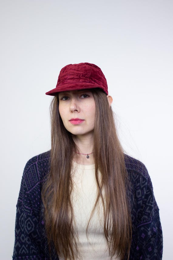 Vintage Burgundy Velvet Cap Made in Italy, 90s Retro Soft Quilted Hat