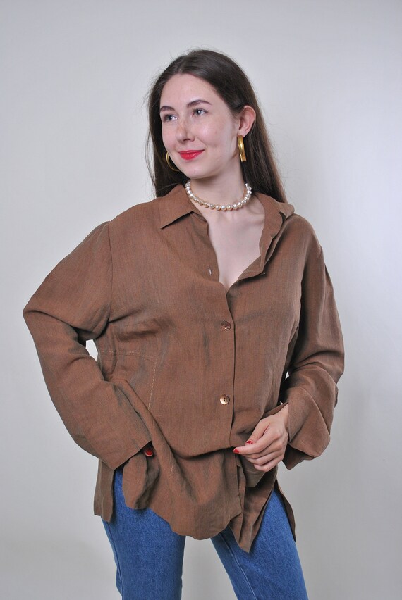 Vintage brown oversized minimalist cotton blouse,