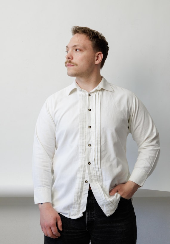 Pintuck Pleat Front Cotton Shirt Trachten Style Folk Vintage Button Up M