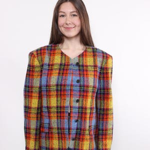 90s plaid wool blazer, vintage colourful patterned suit jacket, Size L