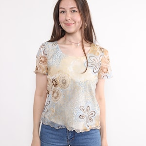 Blusa corta elástica con estampado de flores de los 90, estilo vintage floral, talla M