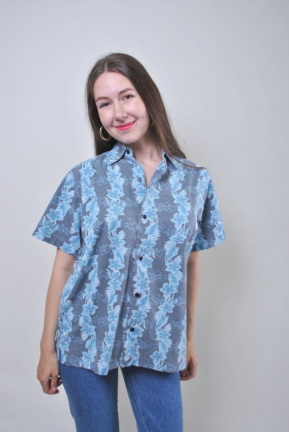 Vintage Y2K Blue Floral Hawaiian Shirt – Medium Cotton Summer Top