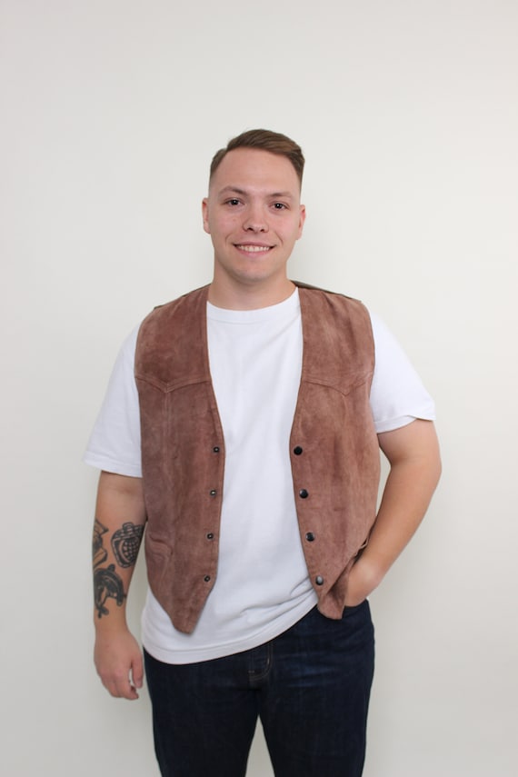 Vintage 80s Brown Leather Vest - Button Front, Size L