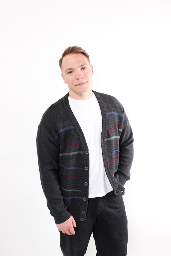 Vintage 90s Striped Knit Cardigan - Grey Wool Sweater, Men's L